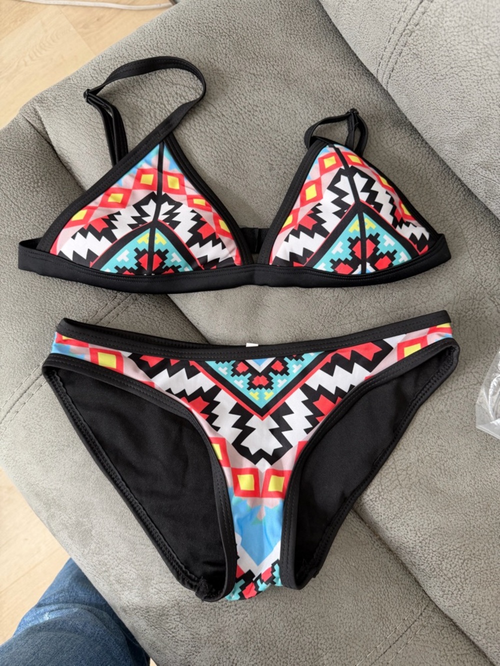Black-Trim Tribal Print Triangle Bikini Set - Multicolor